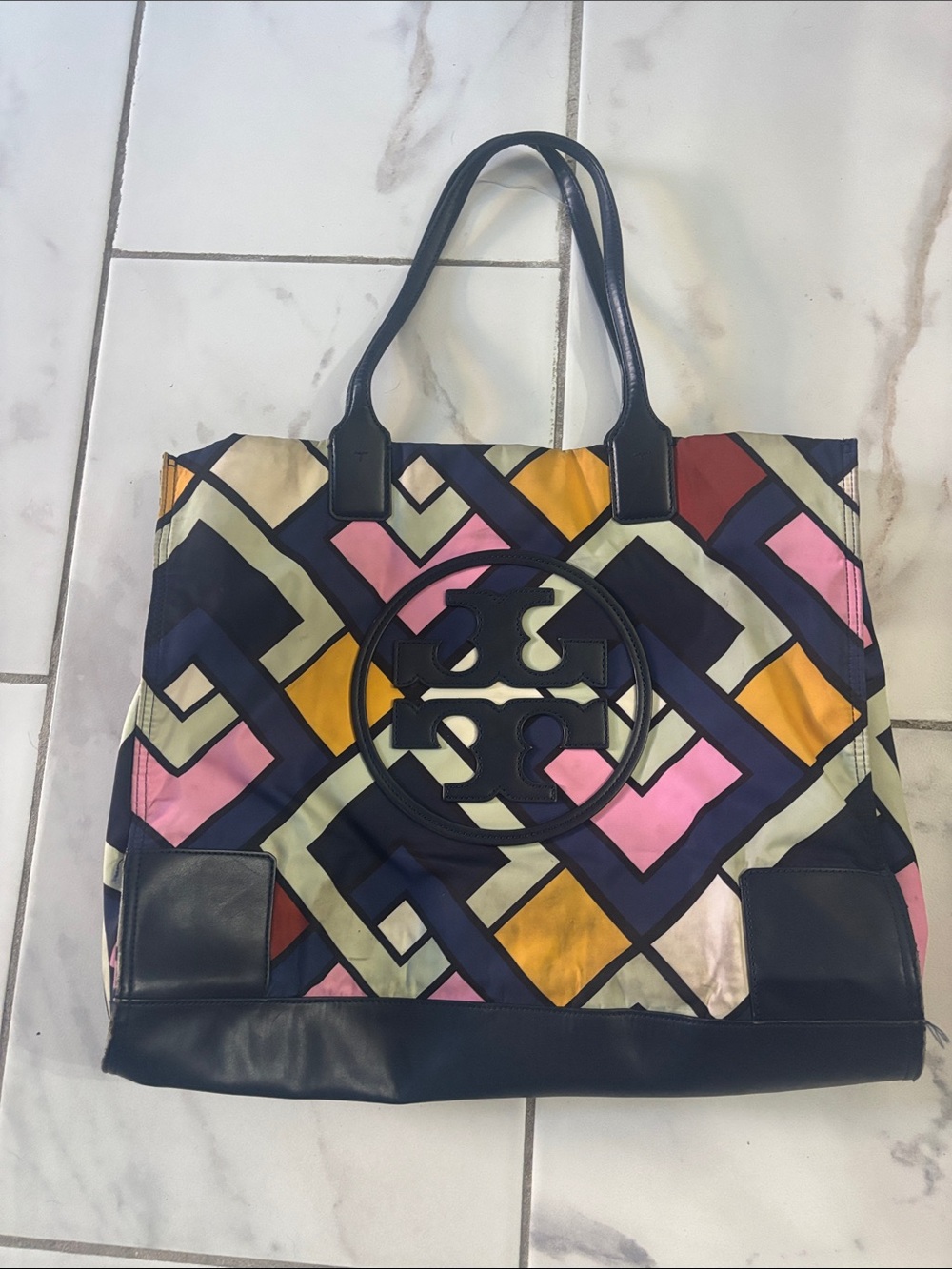 Tory Burch Geometric Multicolor Canvas Tote with Navy Trim